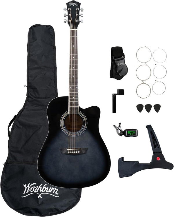 Washburn WA90CE Acoustic-Electric Guitar Kit – Dreadnought Cutaway, Built-In Tuner, Okoume Body – Perfect Holiday Gift for Adults, Beginners, Musicians & Live Performance