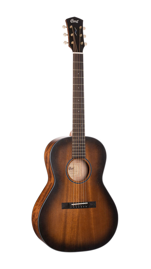 Cort COREPEOPBB Core Series Mahogany Parlor Acoustic Electric Guitar. Open Pore Black Burst