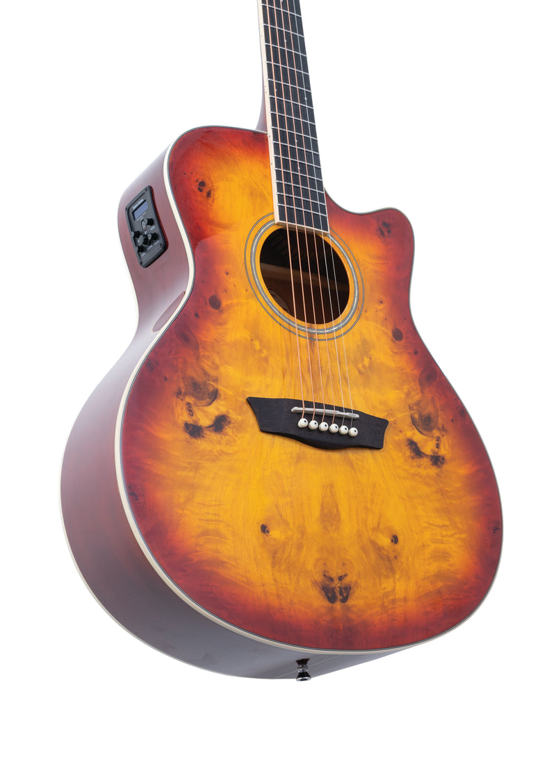 Washburn DFBACEA Deep Forest Burl Grand Auditorium Acoustic Electric Guitar. Amber Fade