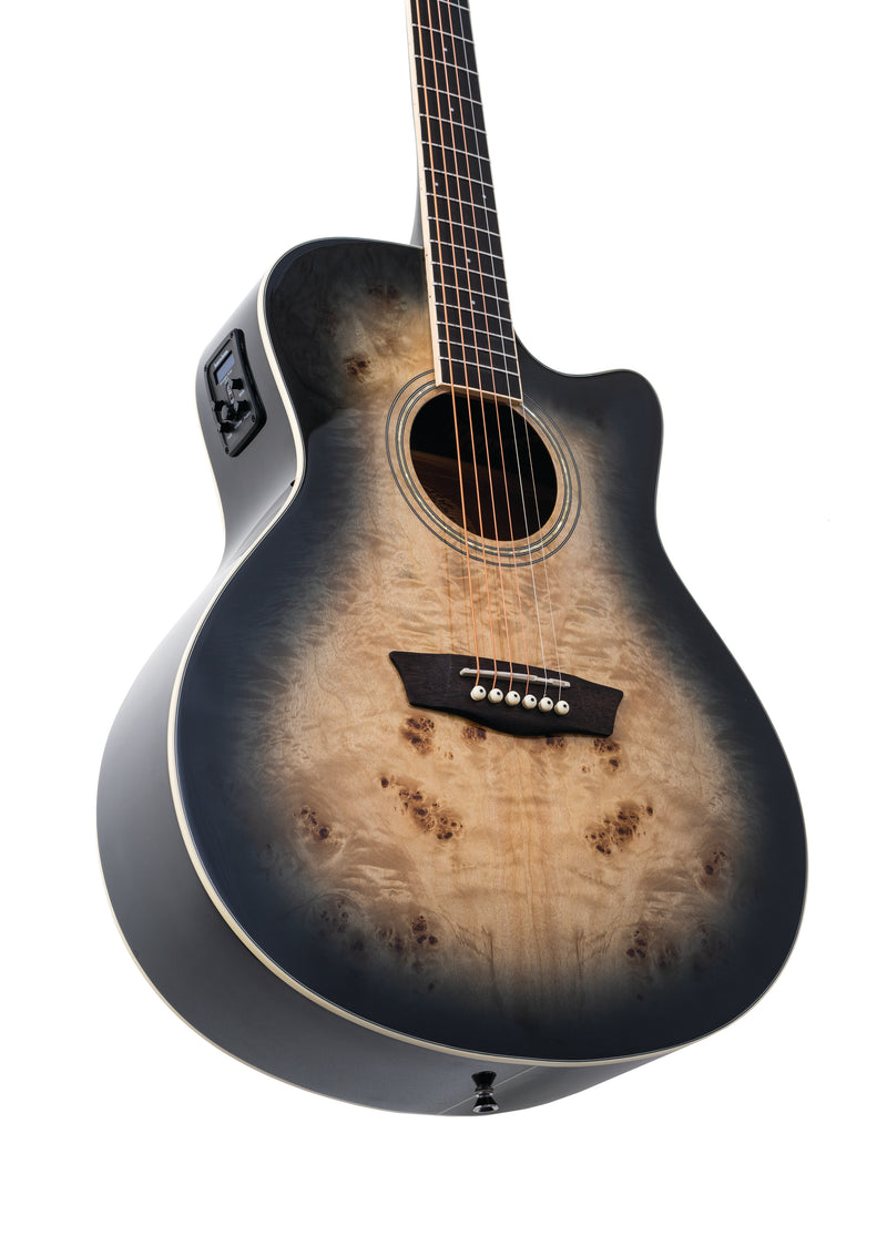 Washburn DFBACEB Deep Forest Burl Grand Auditorium Acoustic Electric Guitar. Black Fade