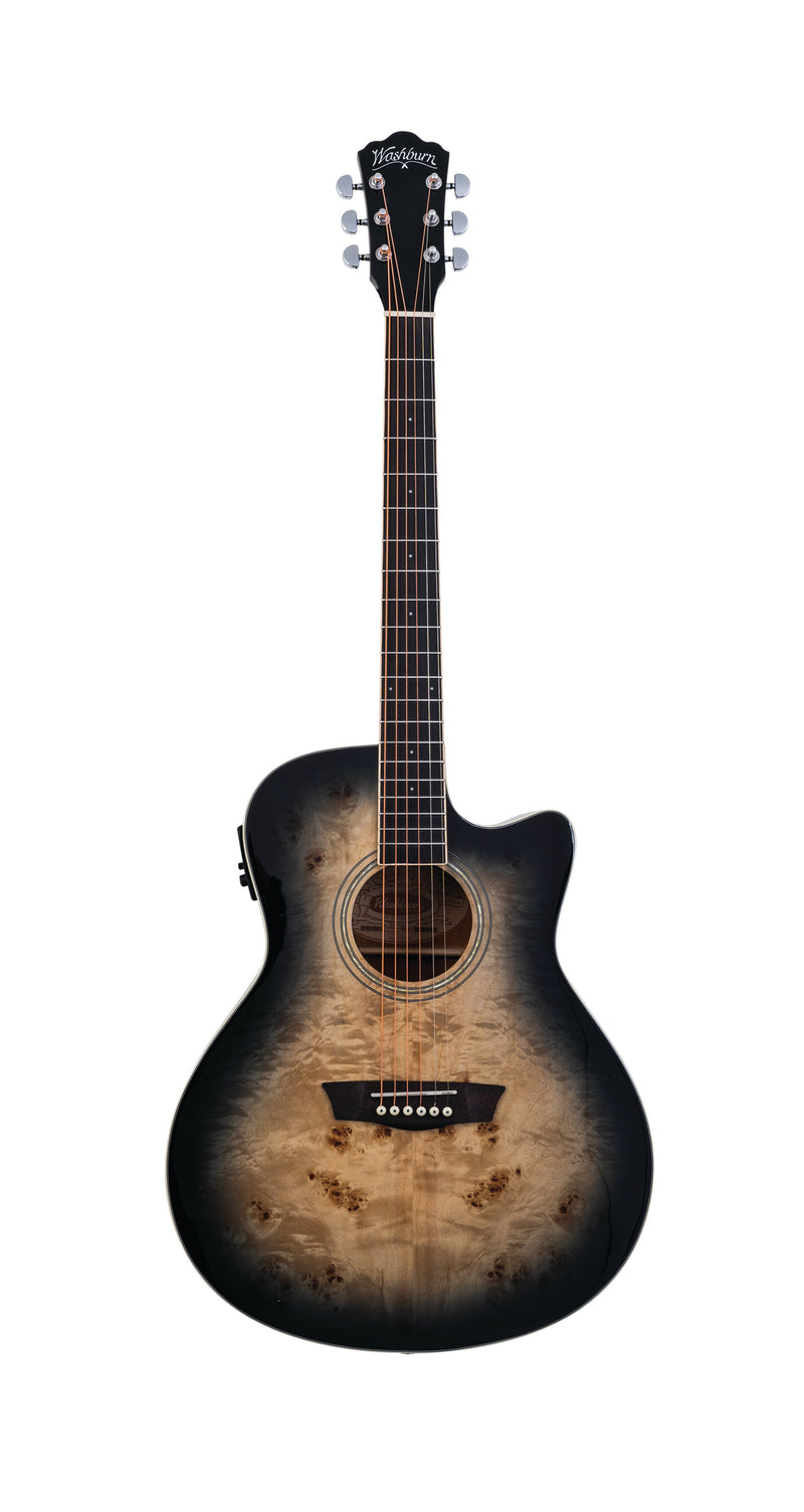 Washburn DFBACEB Deep Forest Burl Grand Auditorium Acoustic Electric Guitar. Black Fade